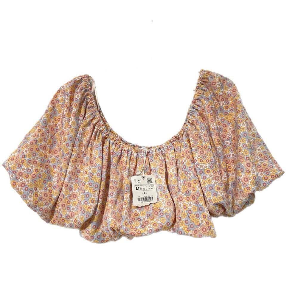 ZARA Printed Satin Effect Puff Sleeve Off-The-Shoulder Crop Top M Bubble Hem NWT